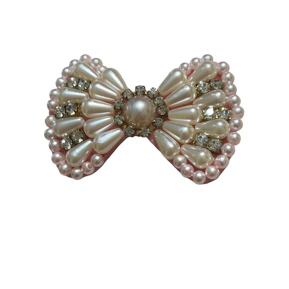 Set Of 2 Faux Pearl Rhinestone Bow Hair Clips Barrettes Girls Dogs Felt Back - Picture 2 of 4